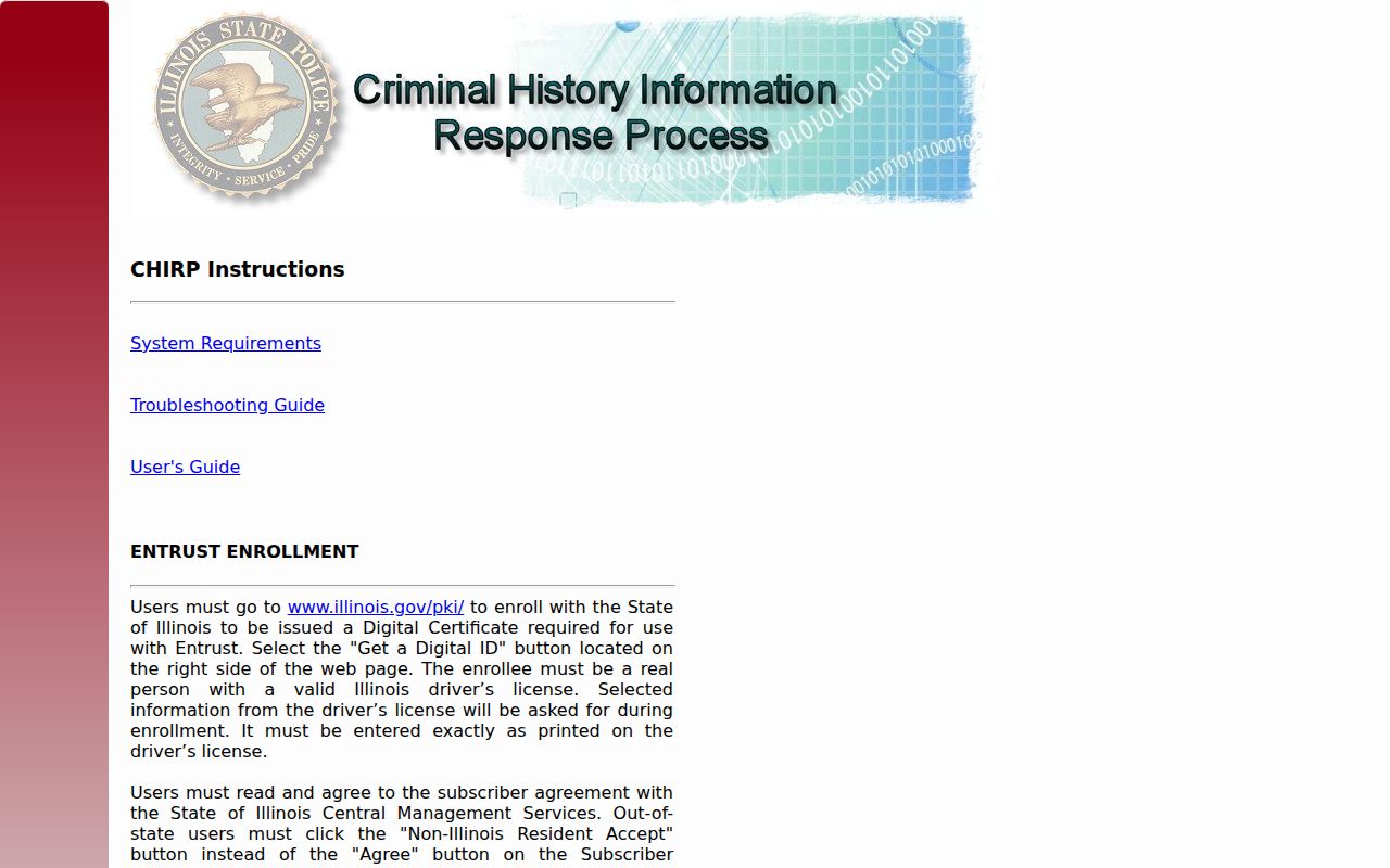 Illinois CHIRP criminal history entry screen