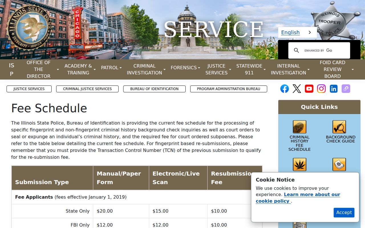 Illinois State Police official UCIA fee schedule